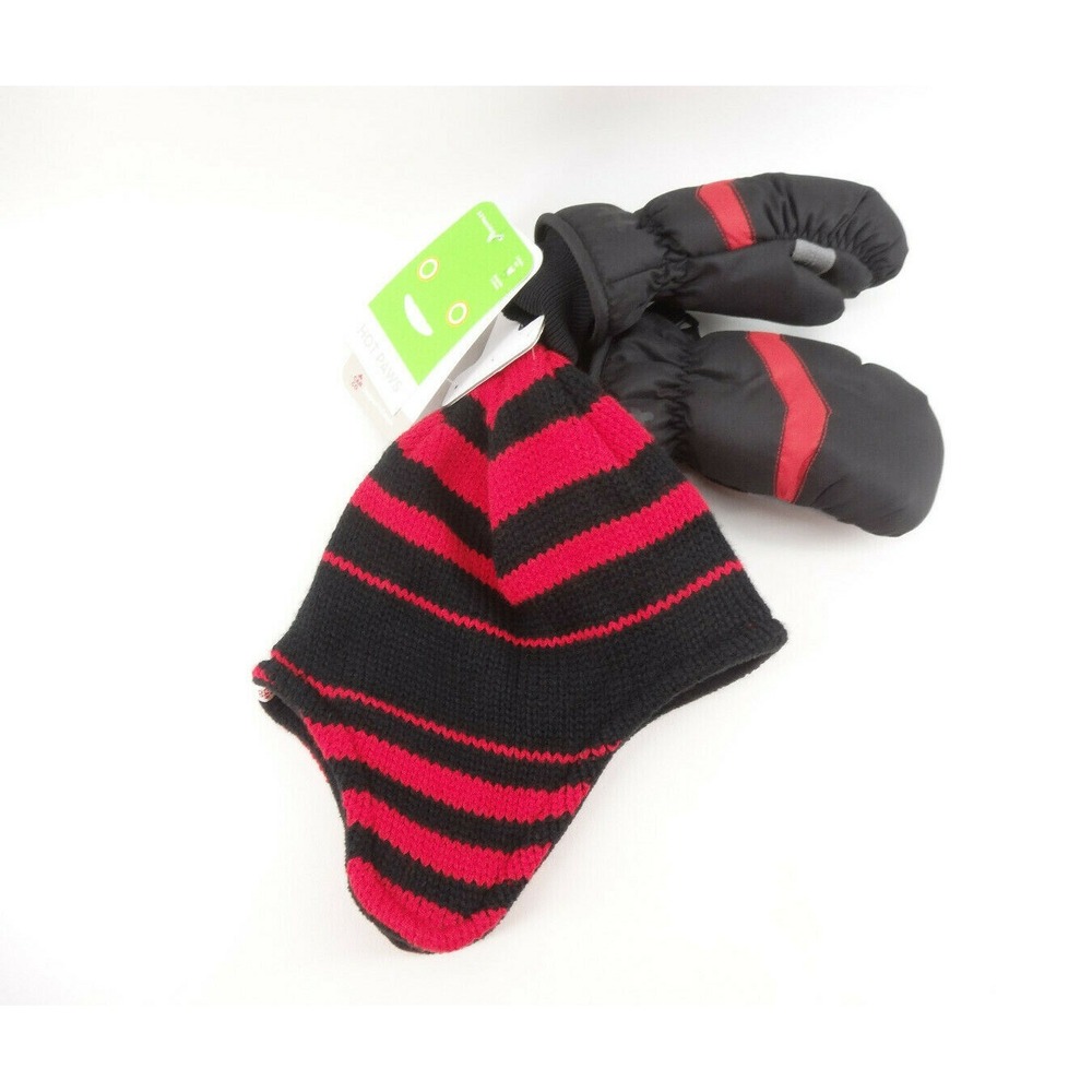 Kids Winter Hat & Ski Mittens Hot Paws Brand Cold Weather Gloves‎ Red Black